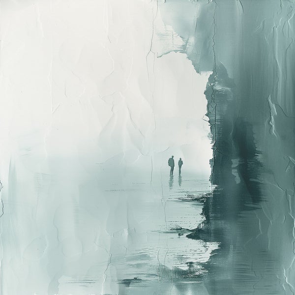 Abstraktes Gemälde mit zwei Personen im Küstenbereich