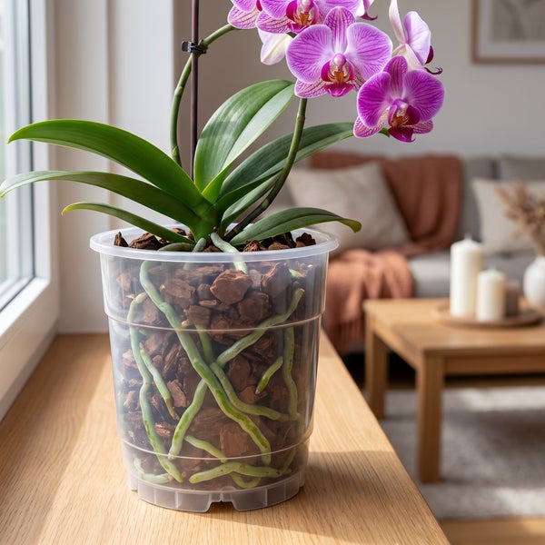 Phalaenopsis Orchidee im transparenten Kunststofftopf mit Substrat auf einem Fensterbrett in einem Wohnzimmer.