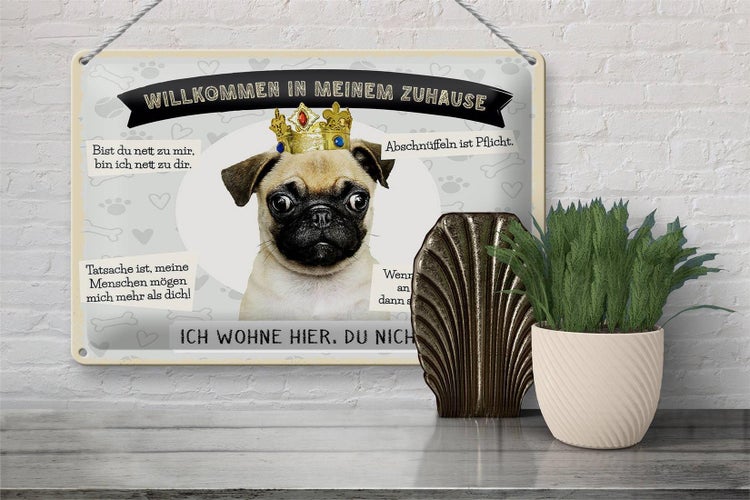 Blechschild Spruch 30x20cm Tiere Mops willkommen wohne hier