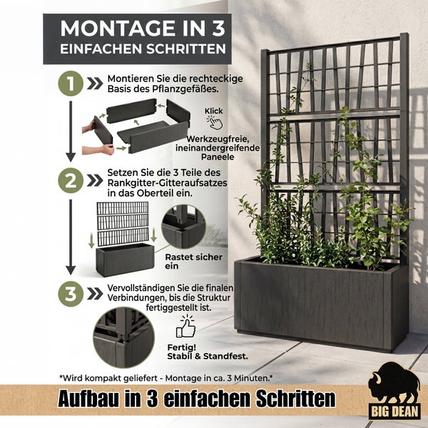 Infografik zeigt die Montageanleitung für ein Pflanzgefäß mit Rankgitter in drei einfachen Schritten von Big Dean.