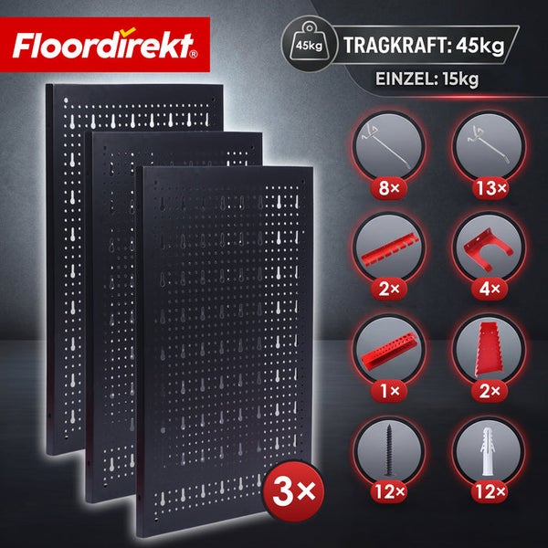 Floordirekt Logo, drei Metalllochplatten mit verschiedenen Haken, Werkzeughaltern, Montagematerial und fünfundvierzig Kilogramm Tragkraft.