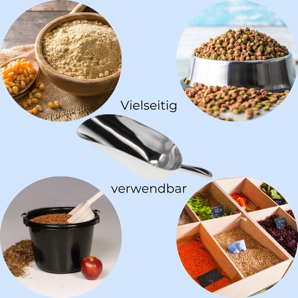 Collage zur vielseitigen Verwendbarkeit einer Schaufel mit Futtermitteln und Lebensmitteln