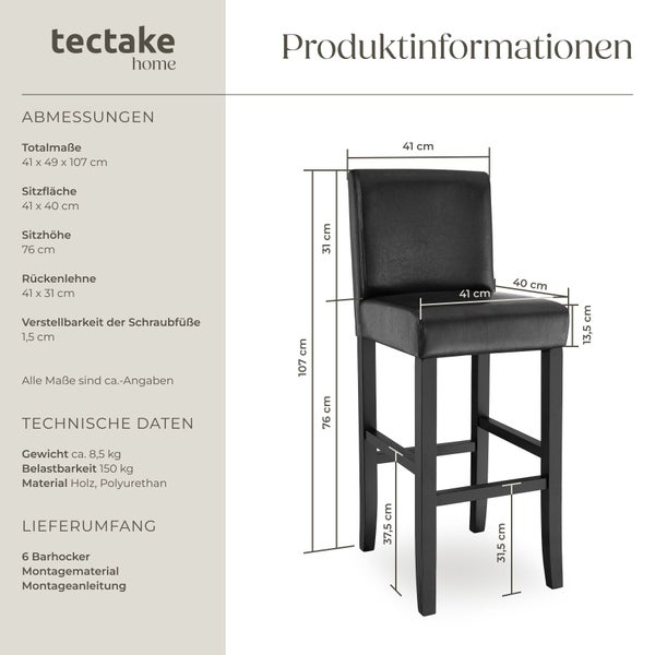 Tectake home Logo. Barhocker aus Holz und Polyurethan, Maße 41x49x107 Zentimeter, Sitzhöhe 76 Zentimeter, Belastbarkeit 150 Kilogramm.
