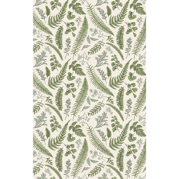Tapete mit Farnblattmotiv und verschiedenen Pflanzen in botanischem Design