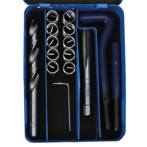 Gewindereparatur-Satz in einem blauen Gehäuse mit Bohrer, Gewindeeinsätzen, Innensechskantschlüssel und Gewindebohrer