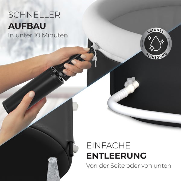 Aufblasbarer Pool mit Handpumpe für Aufbau in unter zehn Minuten, Entleerung an Seite und Boden sowie einfacher Reinigung.