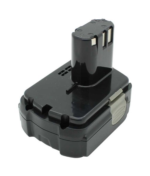 Akku für Elektrowerkzeuge aus schwarzem Kunststoff mit grauer Entriegelungstaste.