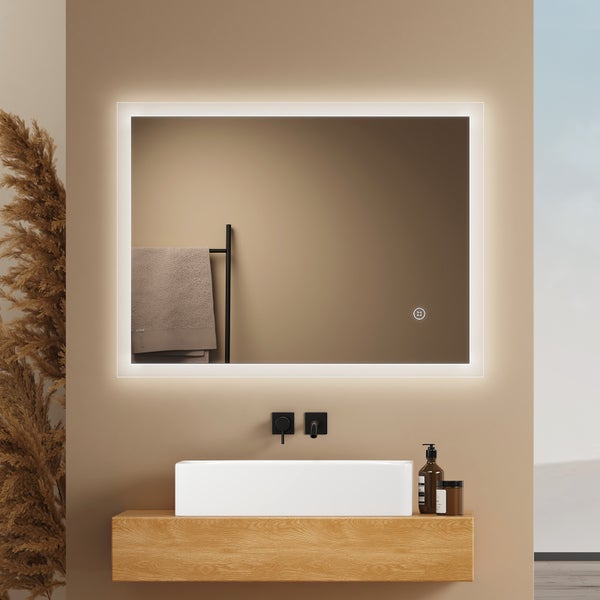 EMKE Badspiegel mit Beleuchtung 80×60 cm, Kaltweiß, Touchschalter & dimmbar, 4 mm rostfreier Spiegel, IP44, horizontal & vertikal montierbar, für Badezimmer