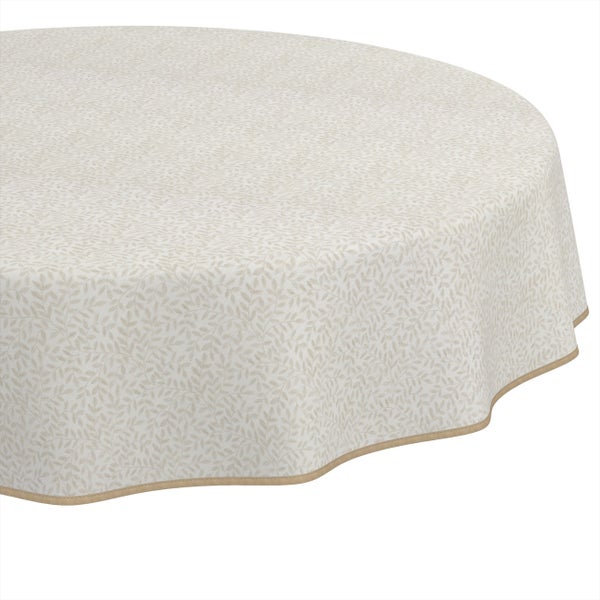 Runde Tischdecke mit floralem Blattmuster und eingefasstem Rand.