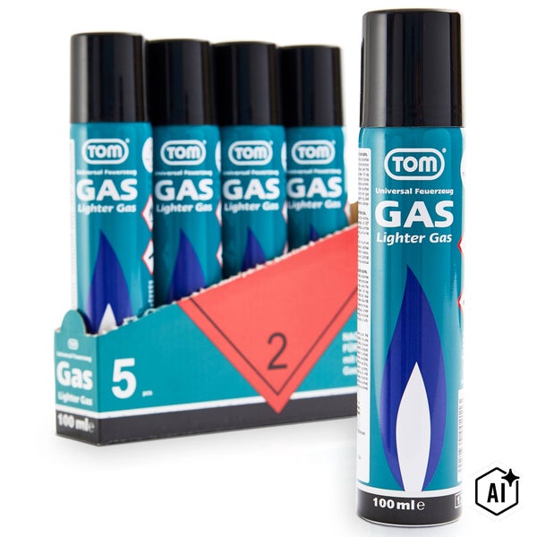Fünferpack TOM Universal Feuerzeuggas in 100 Milliliter Dosen mit einer einzelnen Dose im Vordergrund