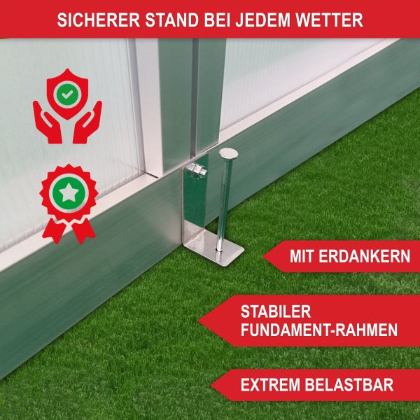 Stabiler Fundamentrahmen für Gewächshäuser mit Metall-Erdanker zur sicheren Befestigung im Boden. Symbole für Sicherheit und Qualität.