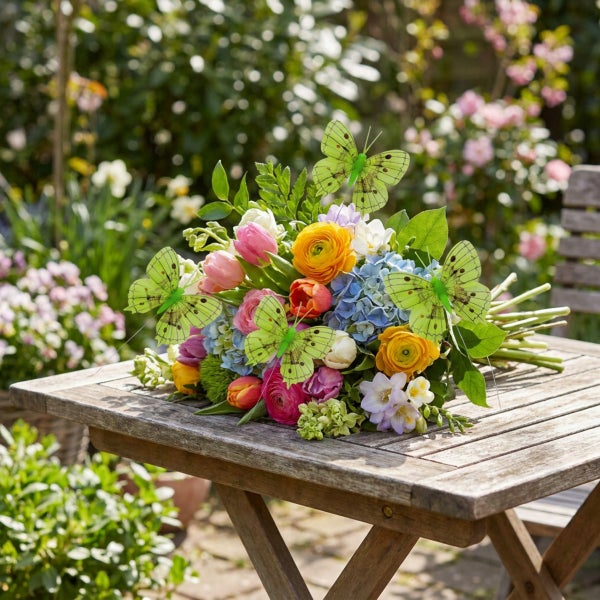 Bunter Frühlingsblumenstrauß mit künstlichen Schmetterlingen auf einem Holztisch im Garten