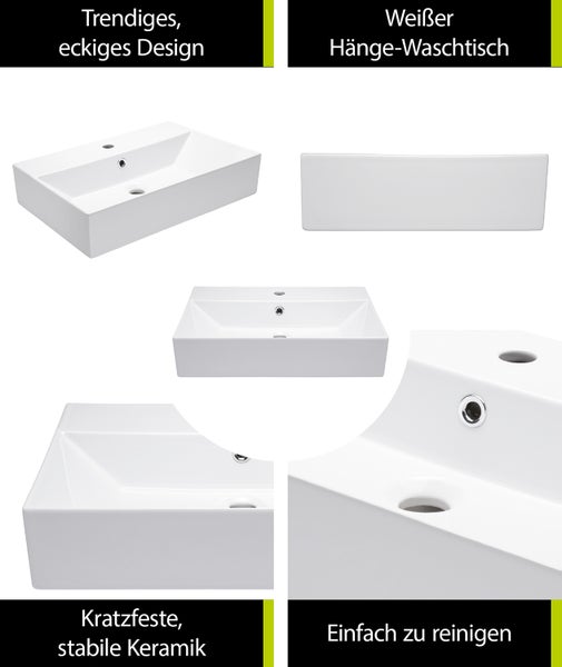 aquaSu® Moderner Waschtisch Malea 60 cm | Design-Waschbecken mit Überlauf und Hahnloch | Hänge-Waschbecken modern | Waschtisch wandhängend | 60 x 42 cm | Sanitärkeramik in weiß | 562300