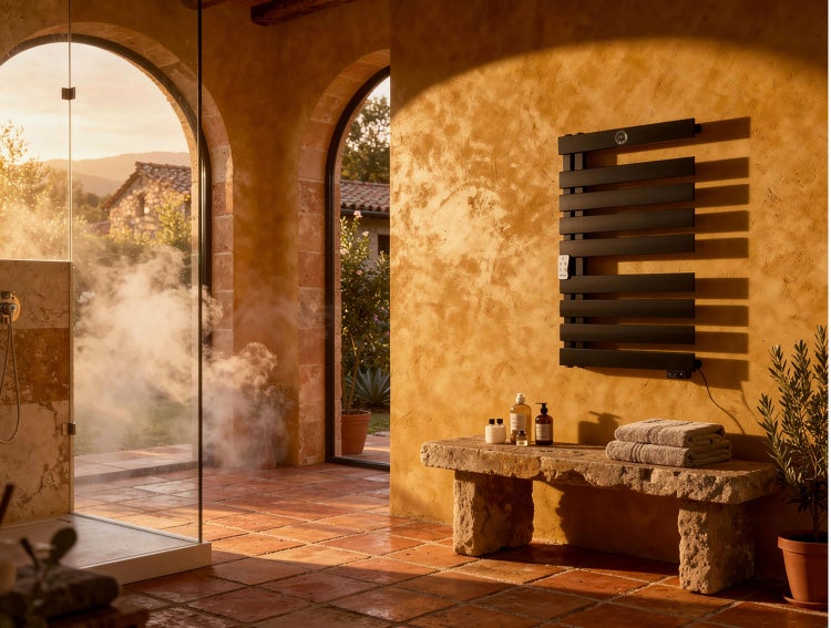 Badezimmer mit Dusche, beheiztem Handtuchhalter und Steinbank