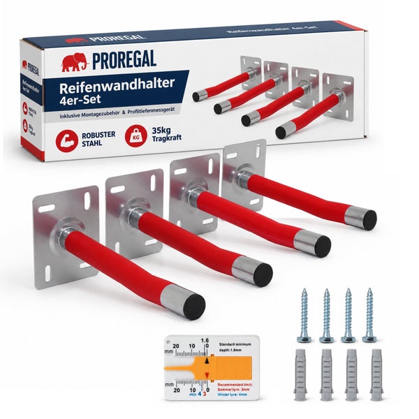 Proregal Reifenwandhalter 4er Set mit Befestigungsmaterial und Profiltiefenmessgerät aus Stahl für Wandmontage.