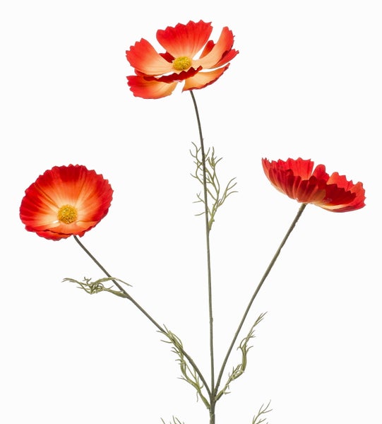 Künstliche Mohnblume mit drei roten Blüten und feinen grünen Blättern.