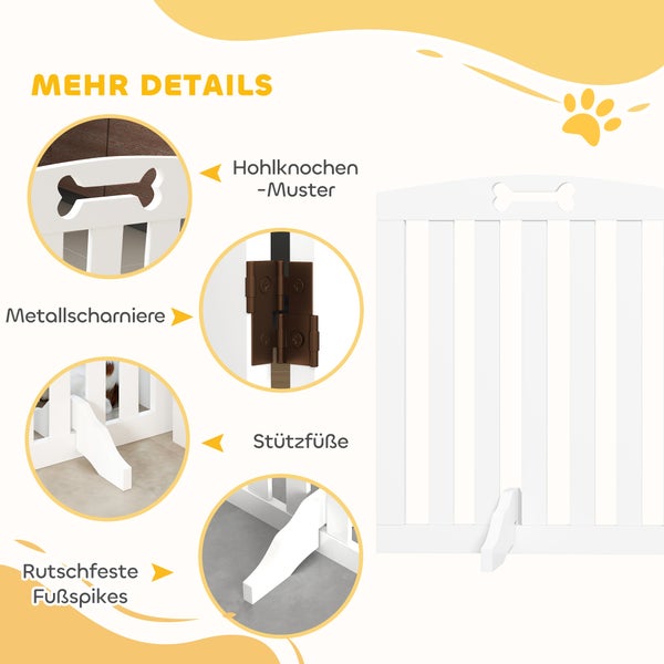 Weißes Hundeschutzgitter mit Details zu Knochen-Ausschnitt, Metallscharnieren, Stützfüßen und rutschfesten Unterlagen.