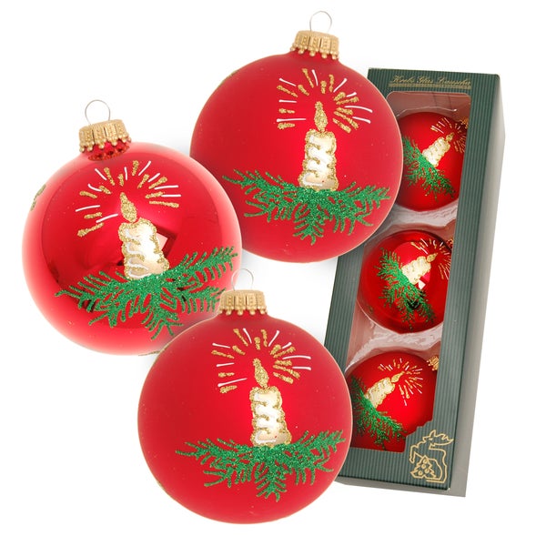 Glaskugel-Set Weihnachtskerze Rot Satin/Glanz, 3-teilig, 8cm, 3 Stck., Weihnachtsbaumkugeln, Christbaumschmuck, Weihnachtsbaumanhänger