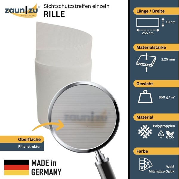 Zaun zu Sichtschutzstreifen einzeln, Rille, Polypropylen, 255 Zentimeter lang, 19 Zentimeter breit, 1,25 Millimeter Materialstärke, Gewicht 850 Gramm pro Quadratmeter, hergestellt in Deutschland