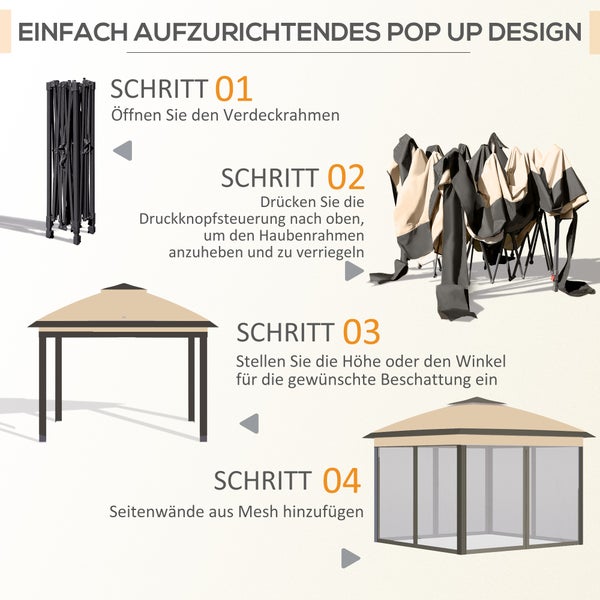 Outsunny Pavillon 3,3x3,3m, wasserabweisend Winterfest Pop-up Faltpavillon mit Doppeldach, UV Schutz, Faltbar Partyzelt Gartenzelt mit Seitenteilen, Tasche Gartenpavillon für Camping Garten, Beige