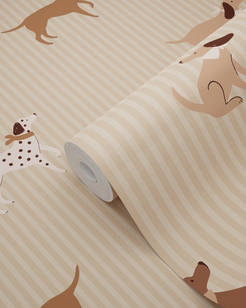 Tapetenrolle mit Streifen und Hundemotiv