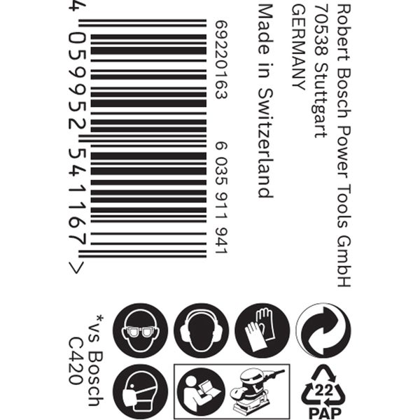 Robert Bosch Power Tools GmbH Information, Hergestellt in Deutschland und der Schweiz, Barcode, Sicherheitshinweise und Recycling-Symbol.