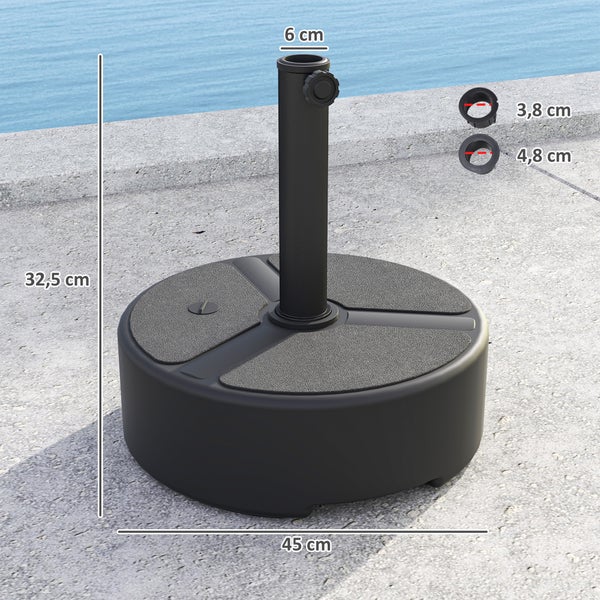 Sonnenschirmständer mit Maßen: Höhe 32,5 Zentimeter, Durchmesser 45 Zentimeter, Rohröffnung 6 Zentimeter sowie Adapter für 3,8 und 4,8 Zentimeter.