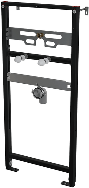 Vorwandelement für Waschtisch aus Metall mit verstellbaren Standfüßen, Wasseranschluss und Ablaufbogen für die Wandmontage.