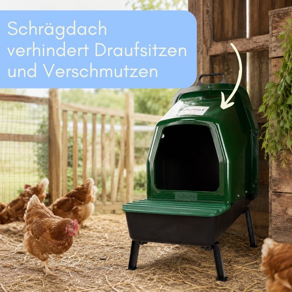 Legenest für Hühner aus Kunststoff mit Schrägdach und Standfüßen, auf Stroh in einem Stall mit Hühnern.