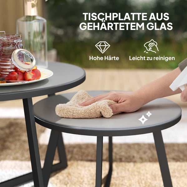 Outsunny 2er Set Beistelltisch Stapelbar Gartentisch Rund wetterfest Balkontisch mit X-Beine Glasplatte Stahl Campingtisch Kaffeetisch für Wohnzimmer Büro Outdoor Indoor Schwarz+Grau