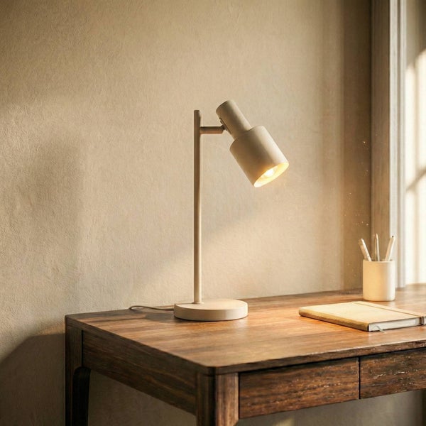 Beige Tischleuchte auf einem Schreibtisch