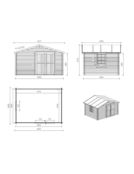 Technische Zeichnung eines Gartenhauses aus Holz mit Vorderansicht, Seitenansicht, Grundriss und 3D-Ansicht inklusive Maßangaben in Millimeter.