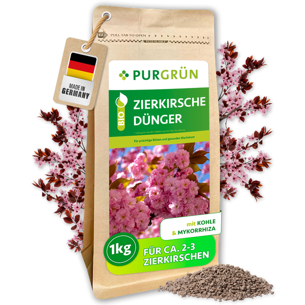 PURGRÜN Bio Zierkirschendünger, 1 kg Granulat mit Kohle und Mykorrhiza für gesundes Wachstum und prächtige Blüten, hergestellt in Deutschland.
