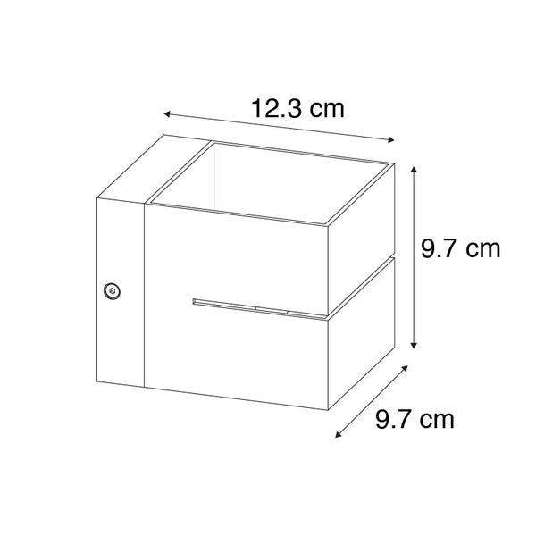 Technische Zeichnung einer Wandleuchte mit Maßangaben: 12,3 cm Breite und 9,7 cm Höhe und Tiefe.