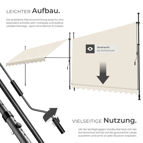 Klemmmarkise in horizontaler und vertikaler Ausrichtung, Detailansichten der Klemmvorrichtung und Handkurbel für Montage ohne Bohren.