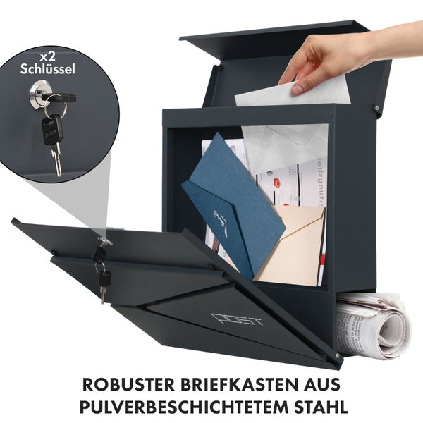 FLOORDIREKT Briefkasten Armand - Stahl Wandbriefkasten mit Zeitungsfach und C4-Einwurfklappe