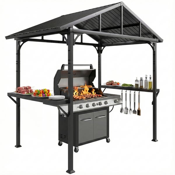 Grillpavillon mit Dach aus verzinktem Stahl, wasserdicht und mit Ultraviolett-Schutz, Darstellung im Regen und bei Sonnenschein.