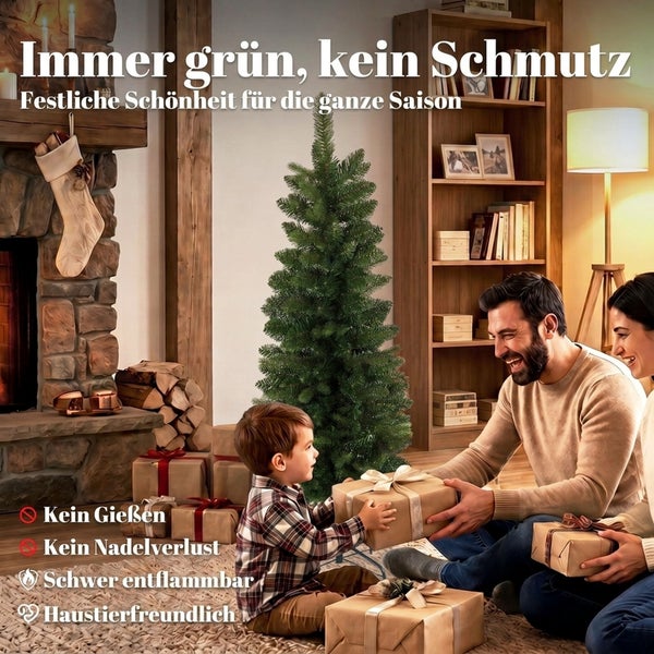 Familie im Wohnzimmer mit einem künstlichen Weihnachtsbaum vor einem Kamin. Der Baum erfordert kein Gießen und verliert keine Nadeln.
