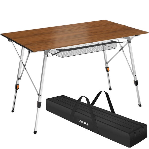 Klappbarer Campingtisch mit Tischplatte in Holzoptik, Ablagenetz und Tragetasche.