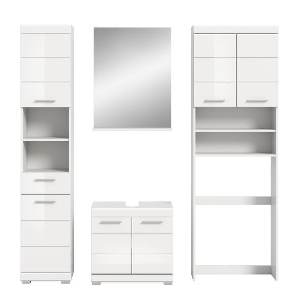 Mehrteiliges Badezimmermöbel-Set bestehend aus Hochschrank, Waschbeckenunterschrank, Spiegel und Waschmaschinenumbauschrank in Weiß.