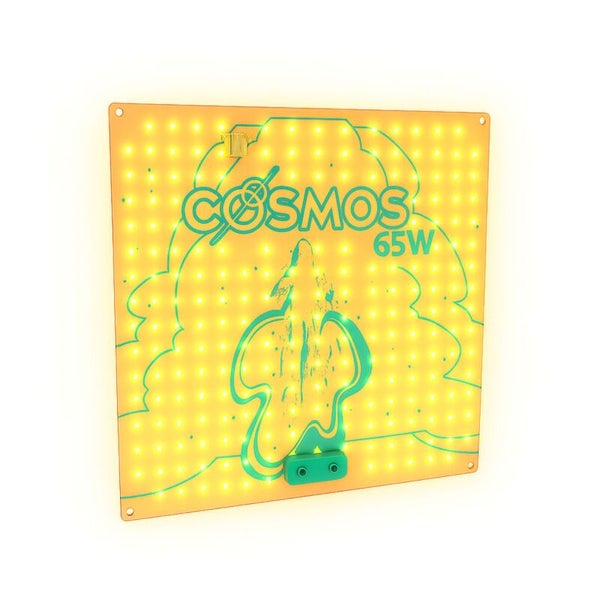 Gelbes quadratisches LED Grow Panel COSMOS 65 Watt zur Pflanzenbeleuchtung mit zahlreichen LEDs und grafischem Motiv.