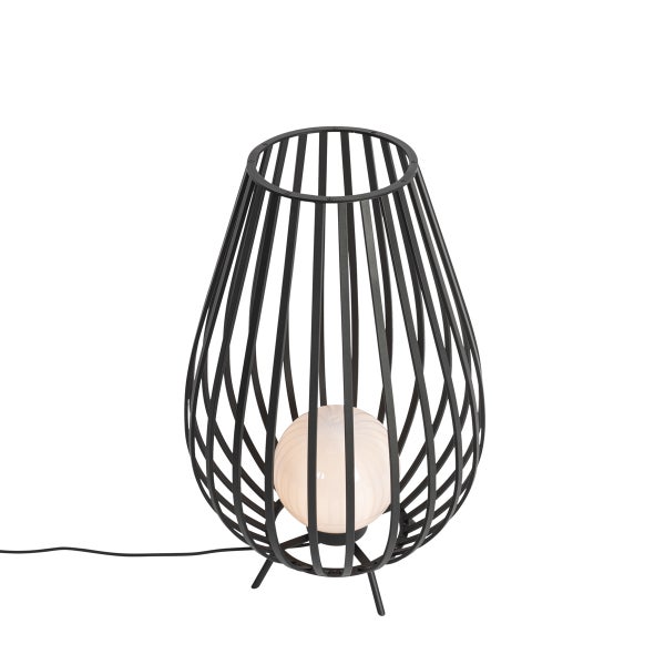 Dekorative Tischleuchte mit schwarzem Metallgestell und einer Glühbirne.