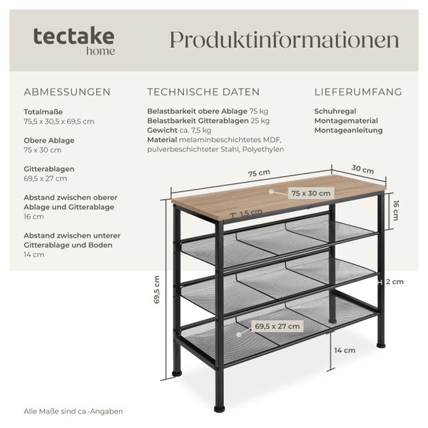 Produktinformationen zum Schuhregal mit Maßen und technischen Daten