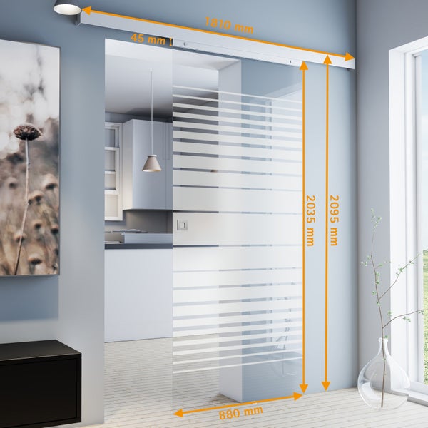 Tür Schiebetür Komplettset Glas gestreift 880x2035 Zimmertür Glasschiebetür -  Quadratgriff+2seitiger Softclose