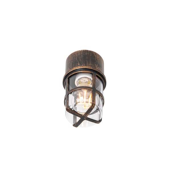 Außenleuchte im Industriedesign aus Metall und Glas mit Schutzkäfig und antikem Finish.