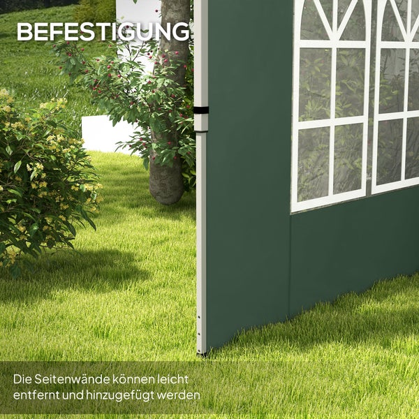 Befestigung einer grünen Pavillon-Seitenwand mit Fenstern an einem weißen Gestänge im Garten.