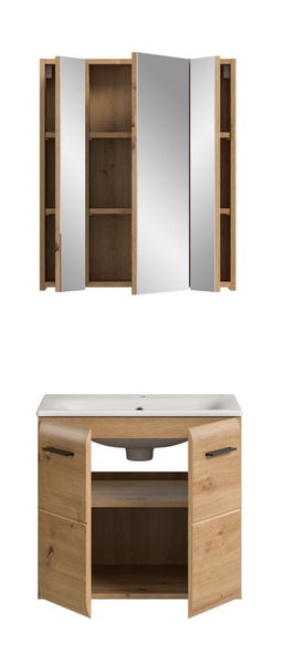 Badezimmermöbel-Set in Eichenoptik mit dreitürigem Spiegelschrank und Waschbeckenunterschrank inklusive weißem Keramikwaschbecken.