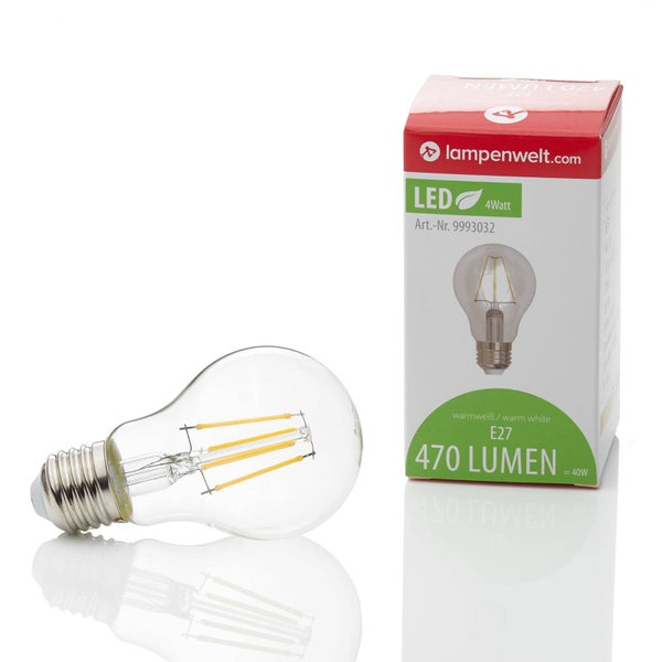 LED Filament Leuchtmittel E27, 4 Watt, 470 Lumen, warmweiß, mit Verpackung der Marke lampenwelt.com.