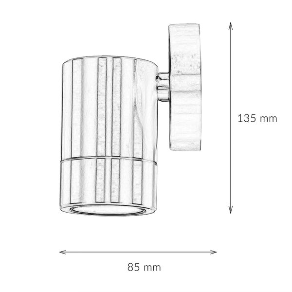 Technische Zeichnung einer Wandleuchte mit Abmessungen 85 mm Breite und 135 mm Höhe.
