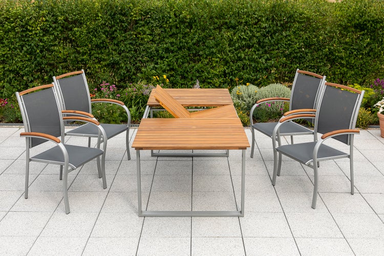 Siena Gartenmöbelset 5tlg., Stapelsessel, Ausziehtisch 150 (200) x 90 cm, silber/schwarz